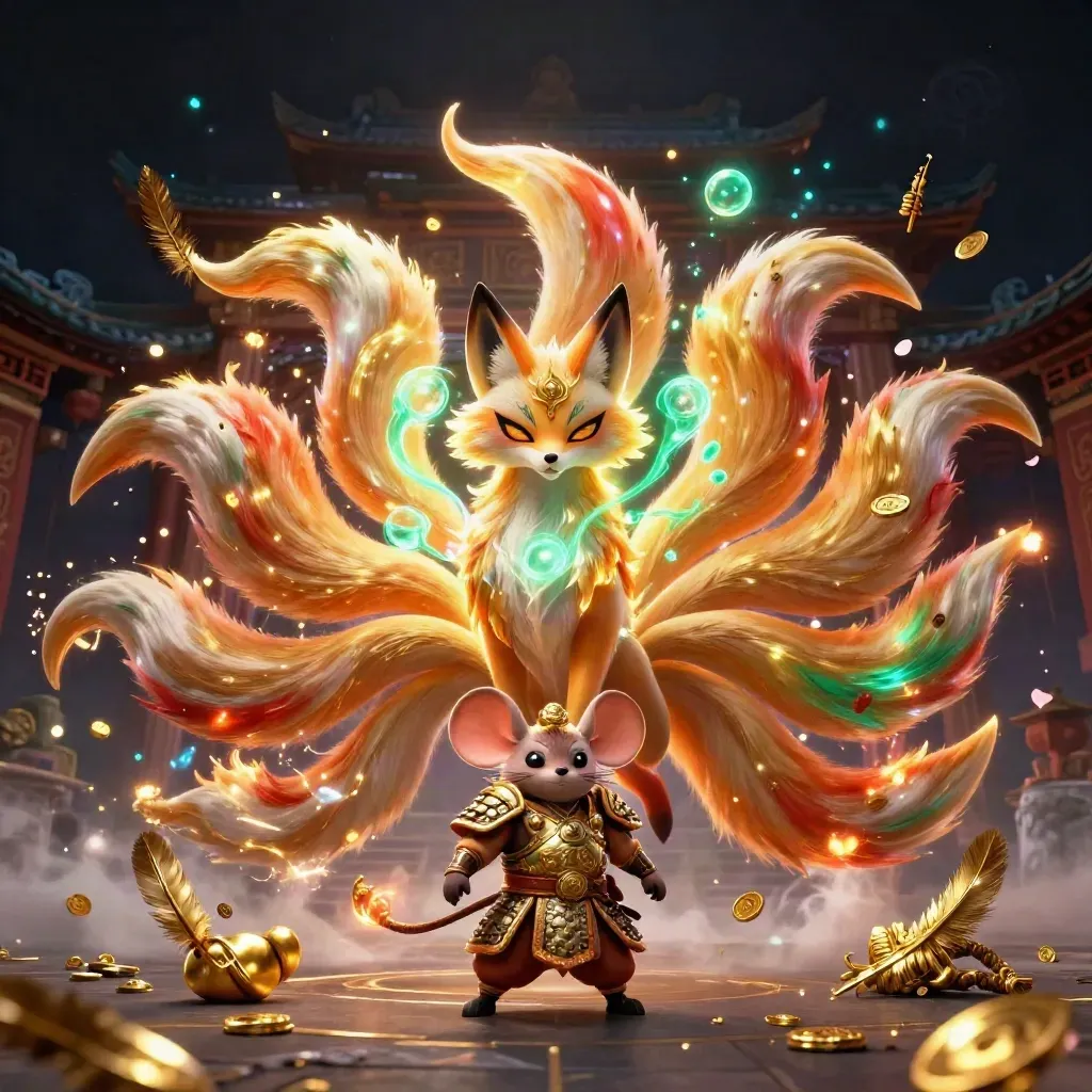 Nine-tailed fox spirit and armored mouse amid temple gate, coins, petals, and neon gold magic.