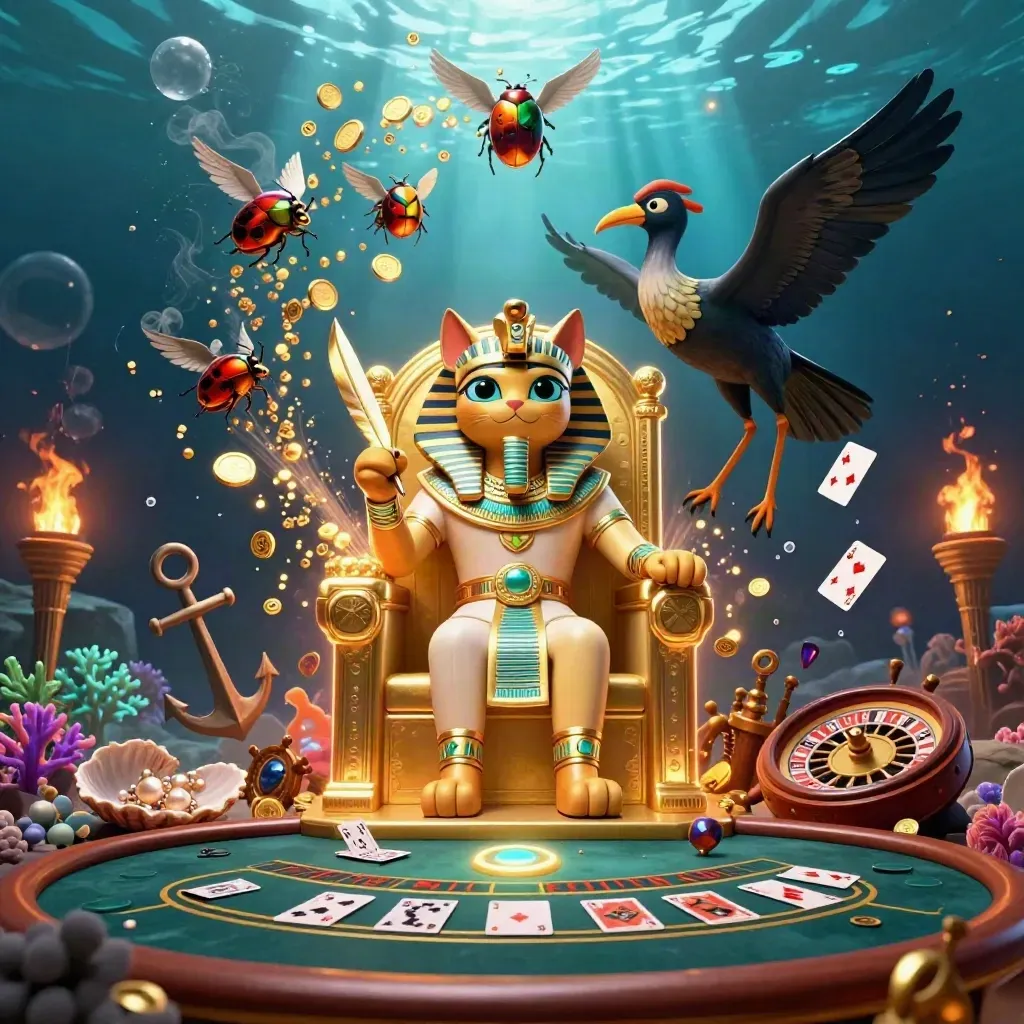 Pharaoh cat and ibis on a golden throne amid coins, coral, cards, and underwater casino magic.