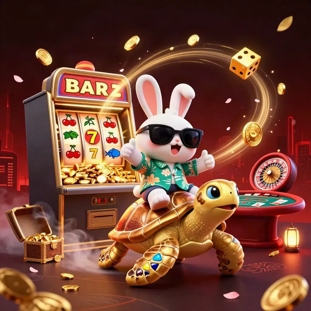 Lucky rabbit rides a golden turtle amid coins, slots, roulette and jackpot firework energy.