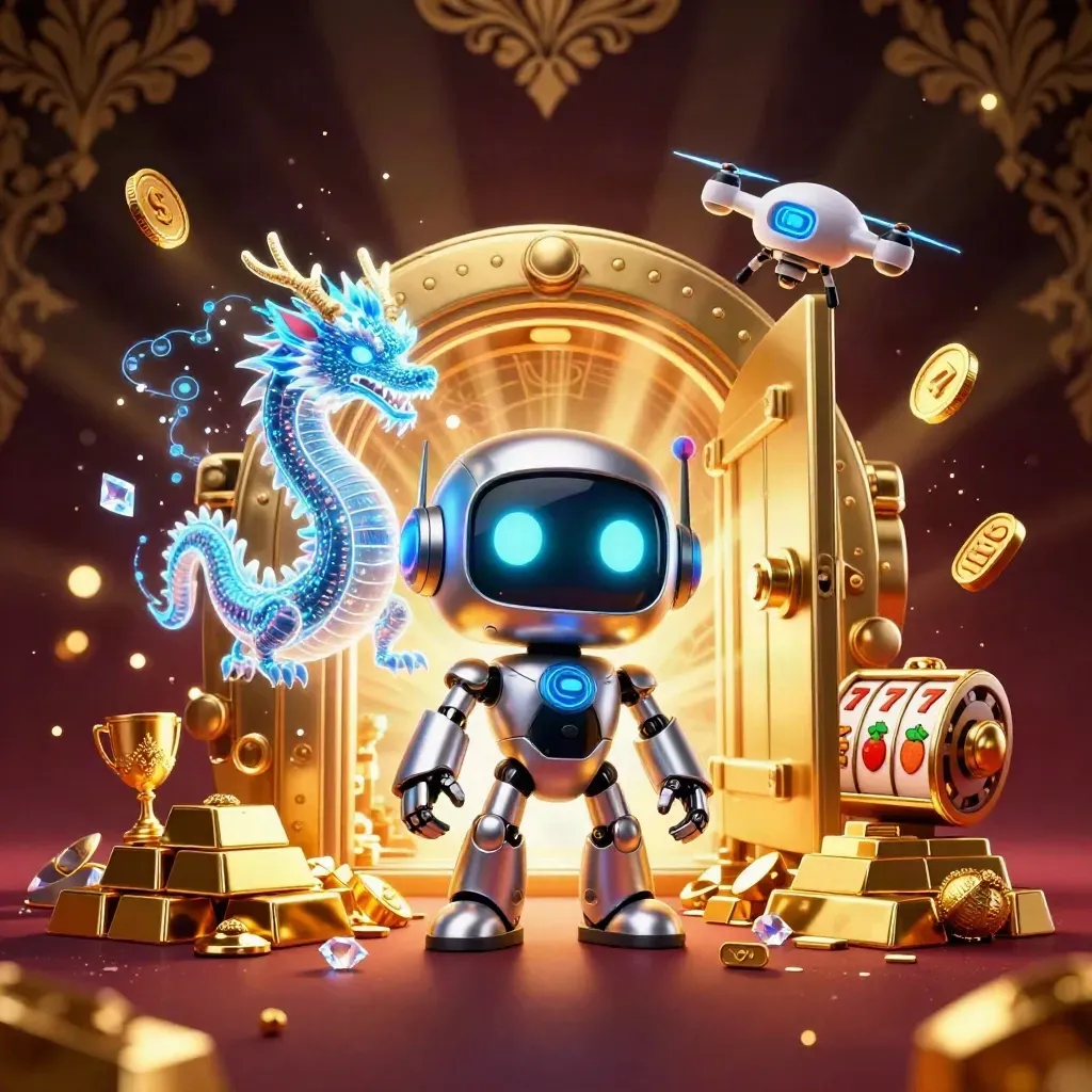 Chrome robot, hologram dragon and coin drone burst from a vault amid gold, gems and neon casino glow.