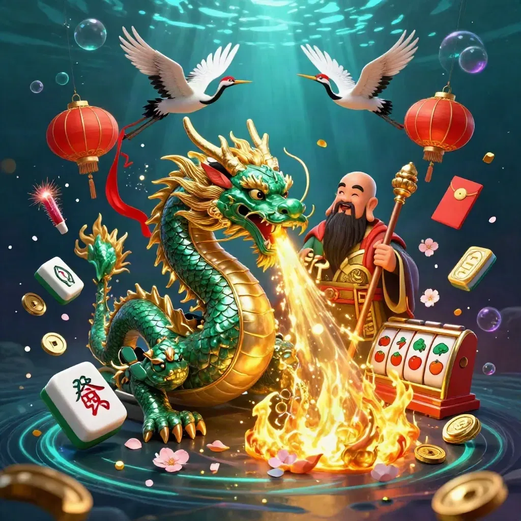 Emerald dragon, turtle sage, and cranes amid casino and fortune symbols underwater.