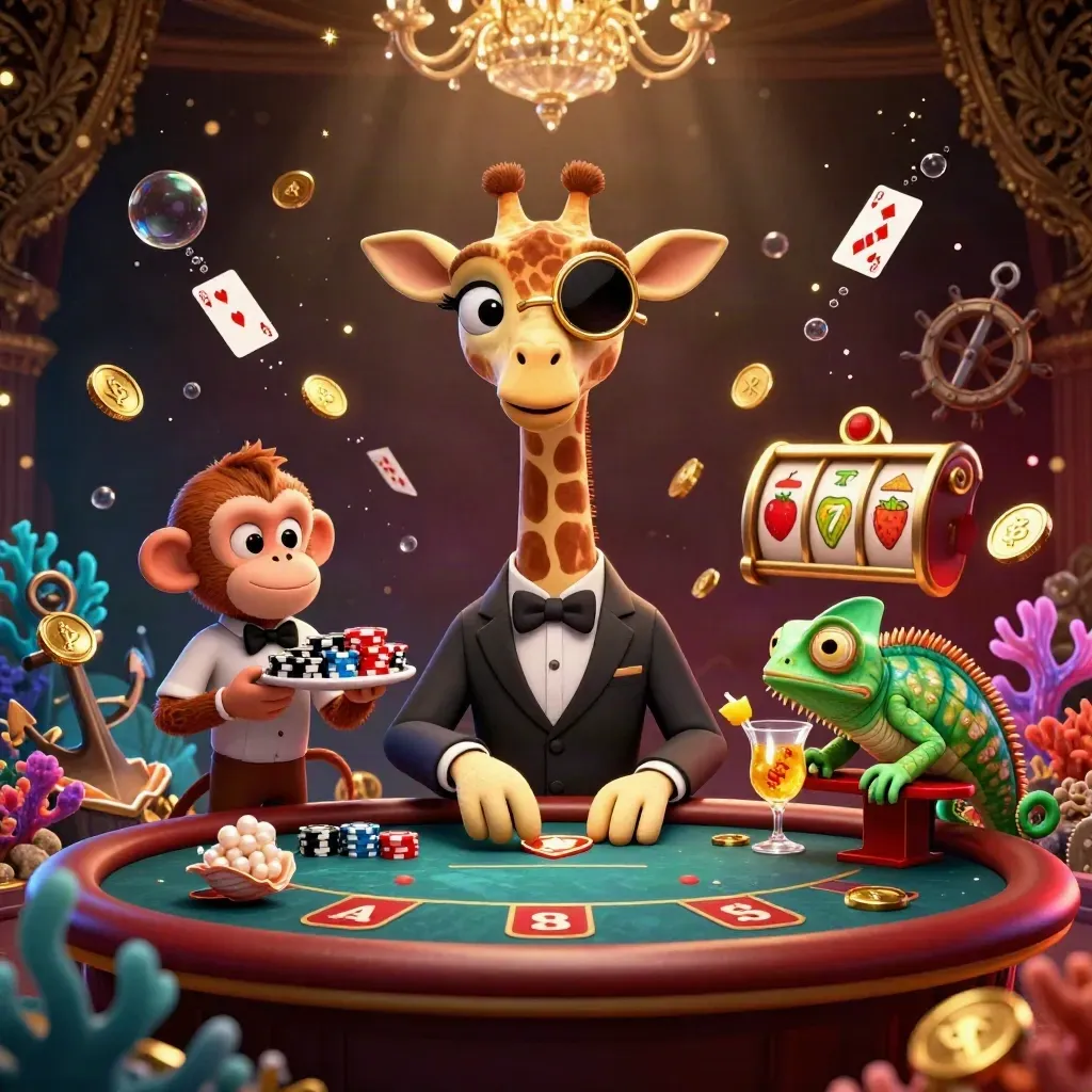 Giraffe, monkey and chameleon in a luxe casino cove with coins, cards and glowing reels.