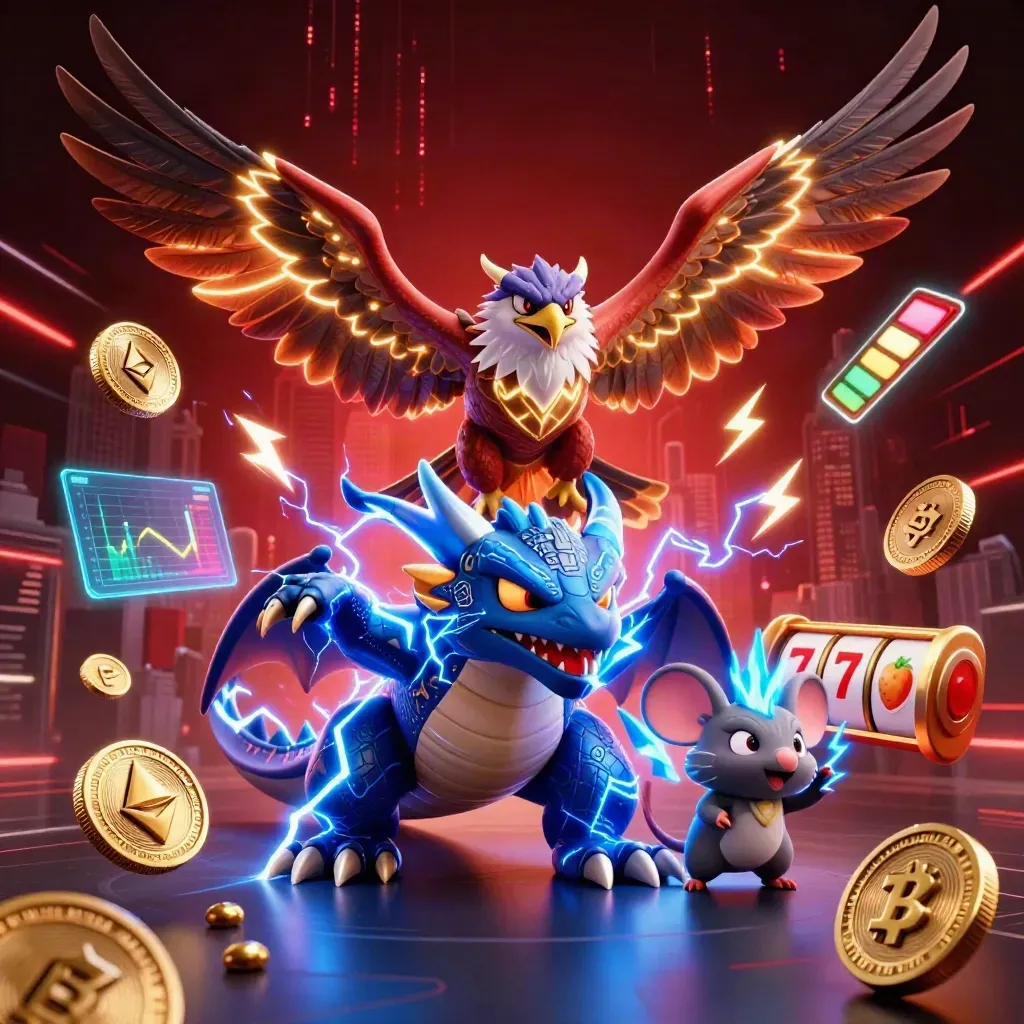 Thunder dragon, hawk, and mouse amid neon coins, reels, and lightning on a dark red casino backdrop.