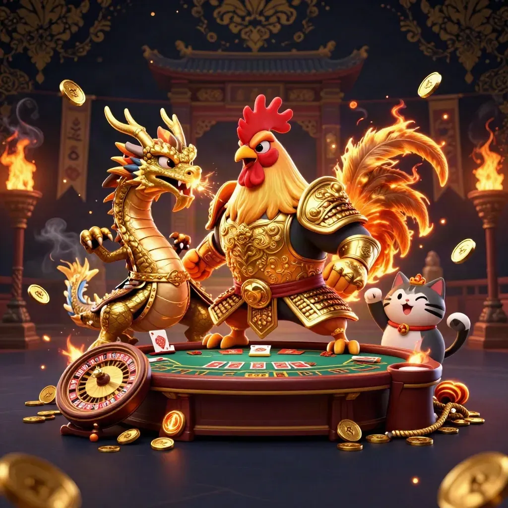 Rooster warrior, dragon hatchling and fortune-cat amid casino relics and glowing chips.