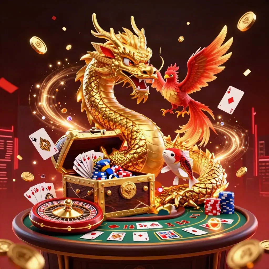 Golden dragon, phoenix and koi amid roulette, chips, cards and casino sparks.