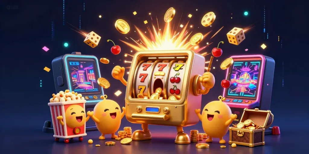 Experience the thrill of Qs88 as a golden slot machine hits its jackpot, surrounded by cheering mini slots and treasures.