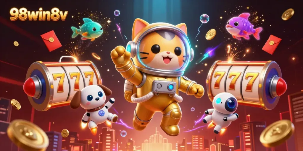 Experience excitement at 98win8v with vibrant slot reels, a golden astronaut cat, and a robot dog in a cosmic celebration.