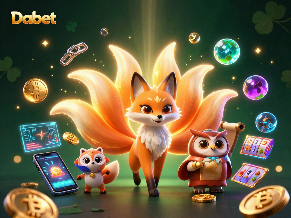 Dabet showcases vibrant spirit characters alongside glowing cryptocurrency coins in a lively casino scene.