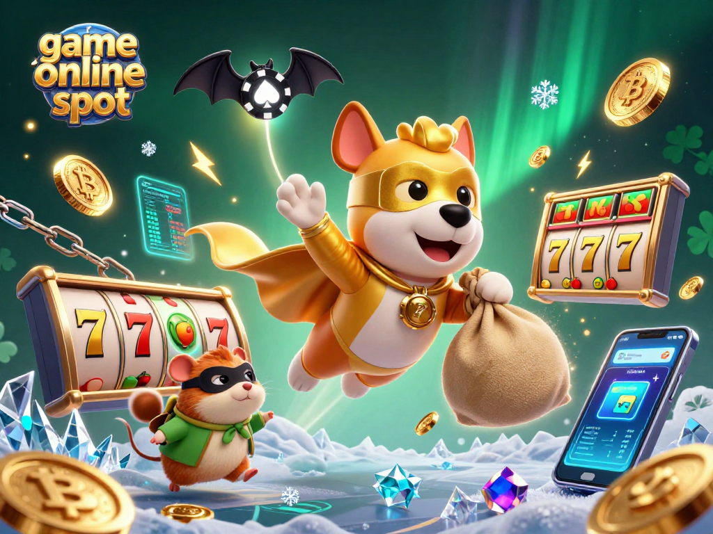 Game online slot menarik dengan superhero anjing terbang dan simbol jackpot bersinar.