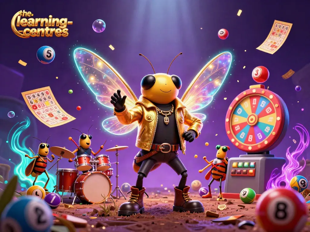 The-learning-centres presents a vibrant lottery celebration with cartoon characters and lively elements.
