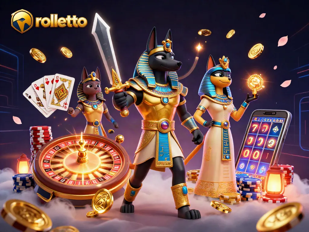 Experience exciting gaming action at rolletto with dynamic characters, coins, and slot reels flying around.
