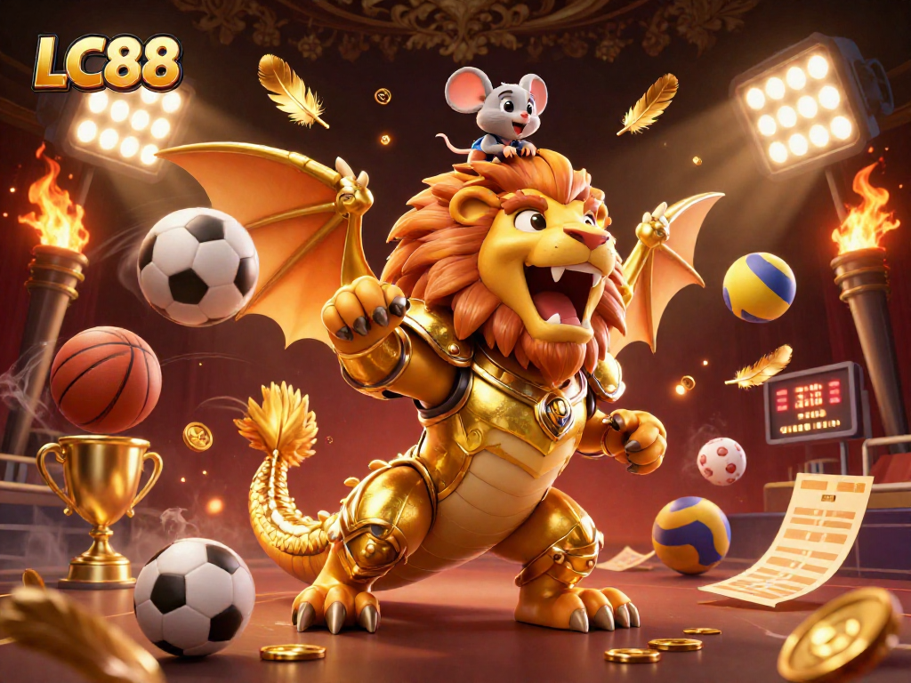 Engage with LC88 through thrilling sports betting and golden rewards in this dynamic illustration.