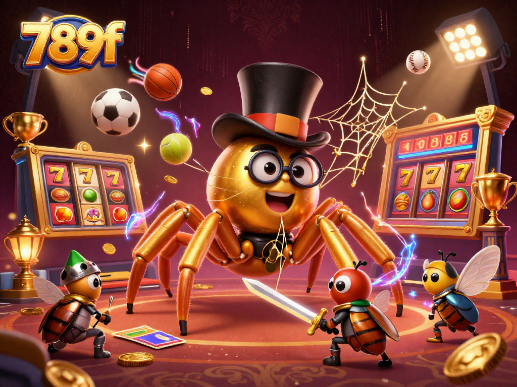 Engage with 789f's thrilling slots scene featuring a golden tarantula and beetle knight amidst dynamic gaming elements.