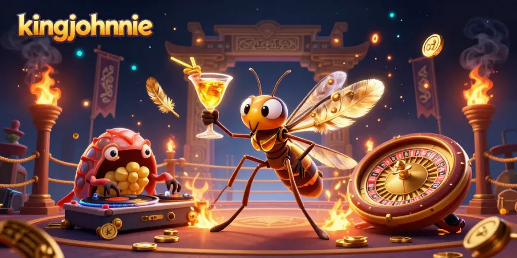 Experience the thrill at kingjohnnie casino featuring dynamic gaming elements in a vibrant 3D illustration.
