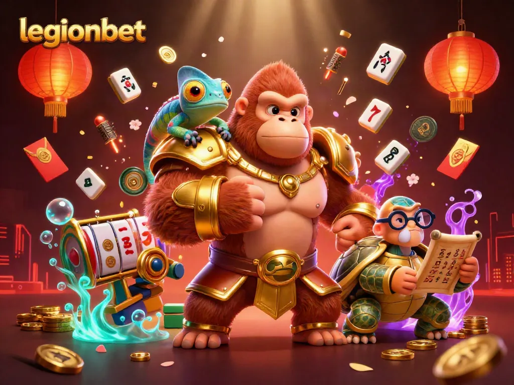 Engage with legionbet's vibrant 3D illustration showcasing a powerful gorilla king, a chameleon, and a tortoise surrounded by dynamic casino elements.