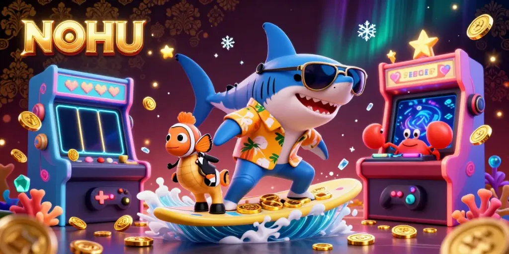 Join the excitement at NOHU with a shark surfing on gold coins, showcasing lively gaming elements.