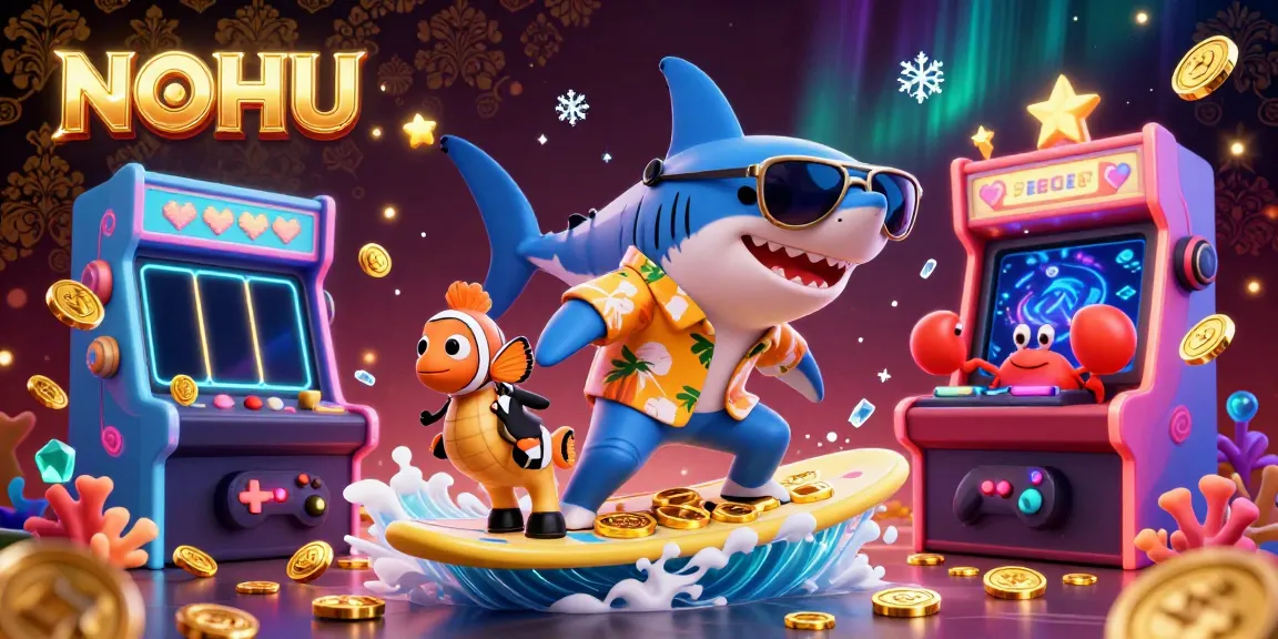Join the excitement at NOHU with a shark surfing on gold coins, showcasing lively gaming elements.
