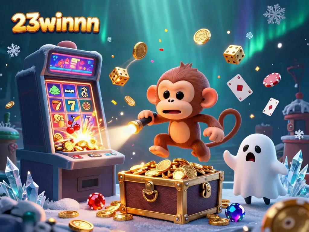 Experience the excitement of 23winnn with a whimsical poltergeist monkey and a curious puppy in a haunted casino.
