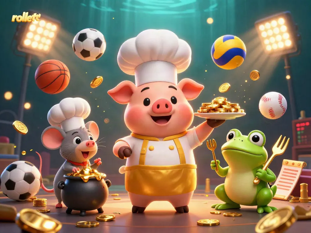 rolletto presents a vibrant casino scene with a chef pig and friends serving gold coins