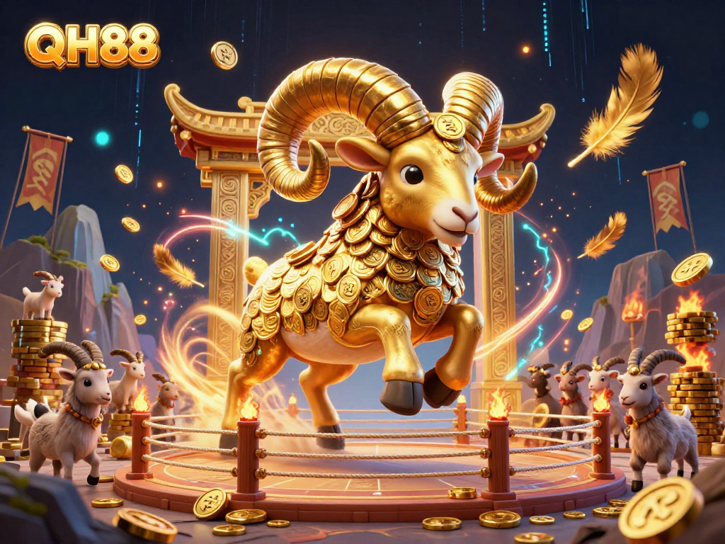 Experience QH88's vibrant casino ambiance with a golden ram charging through a temple gate.