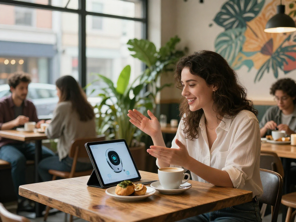 AI girlfriend engaging in conversation with a woman in a cozy café setting.
