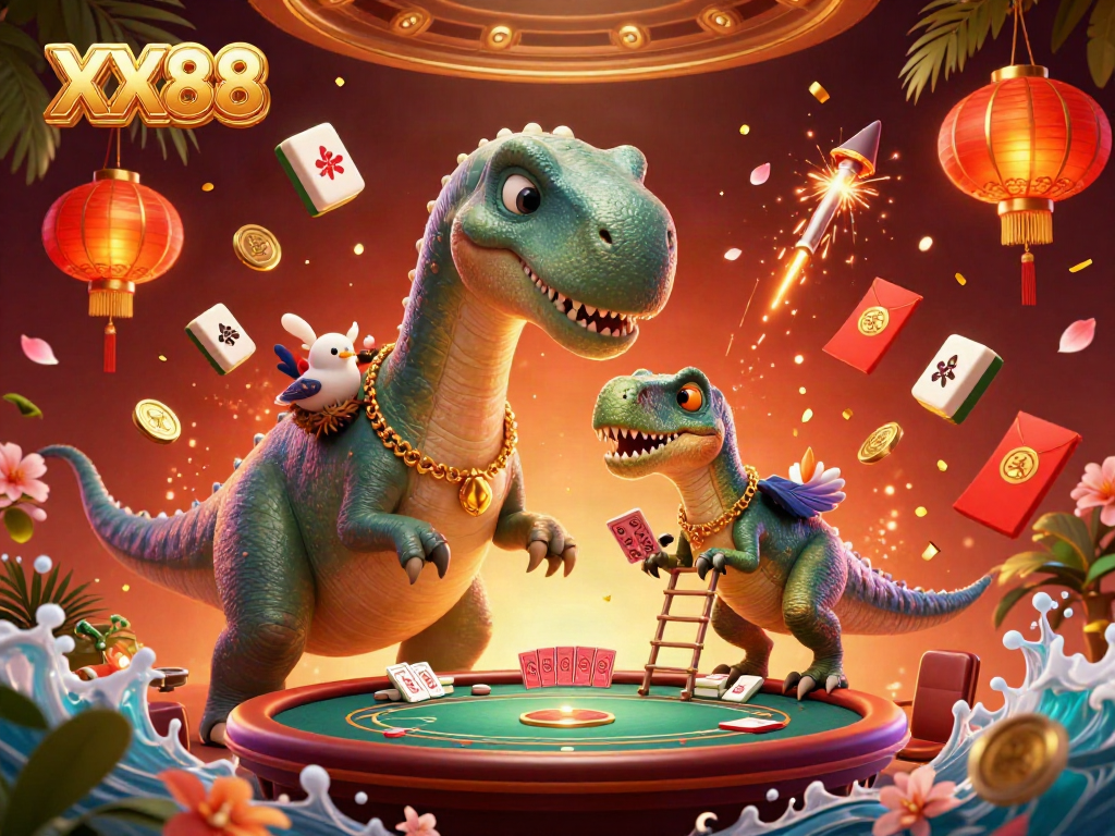 Experience the vibrant XX88 casino scene with a tall brontosaurus, clever raptor, and interactive game elements.