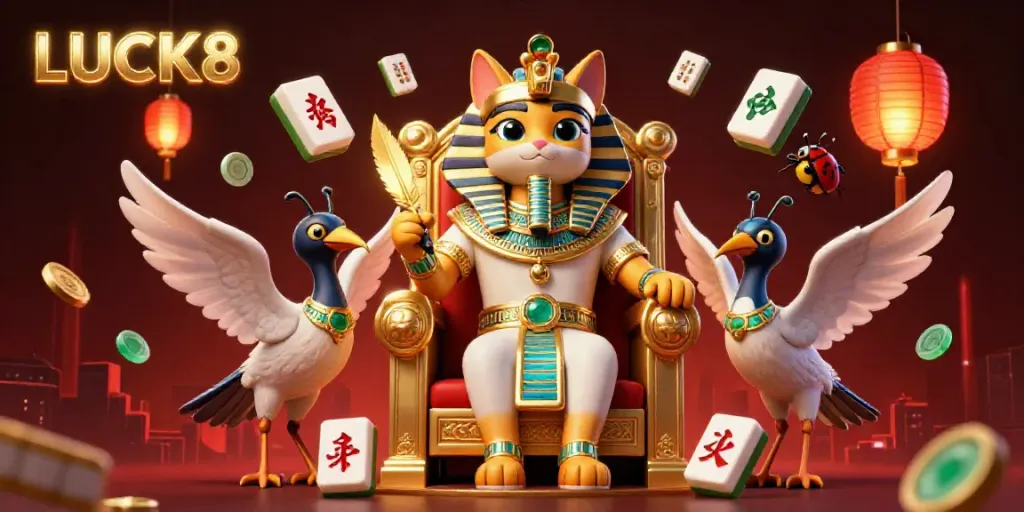 Experience the dynamic casino atmosphere with LUCK8 featuring Egyptian pharaoh cat, floating elements, and vibrant colors.