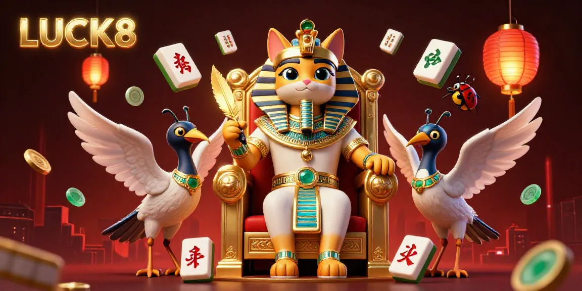 Experience the dynamic casino atmosphere with LUCK8 featuring Egyptian pharaoh cat, floating elements, and vibrant colors.