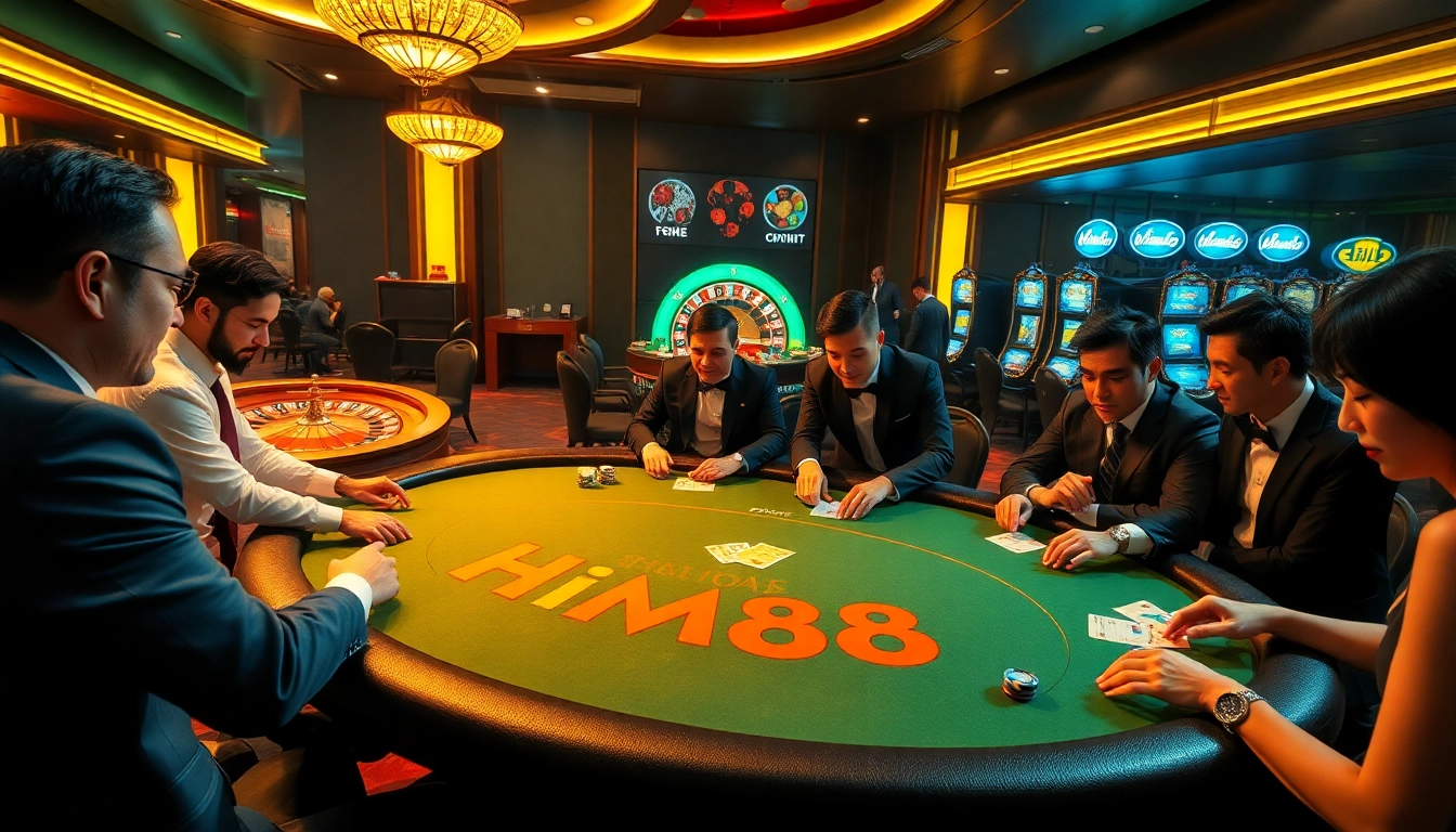 HM88 poker players enjoying a strategic game at a luxury casino table with vibrant elements.
