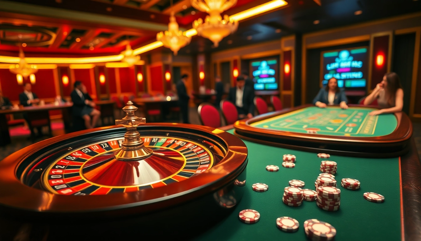 Players enjoying exciting games at Lu88 casino with roulette and poker tables.