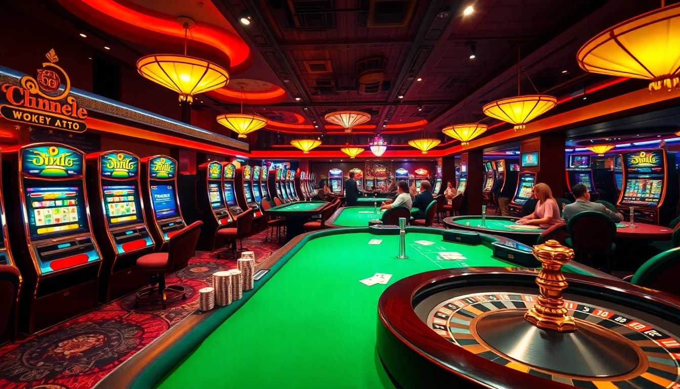 Experience thrilling gaming at 69vn.gb.net with vibrant slot machines and poker tables in a luxurious online casino setting.