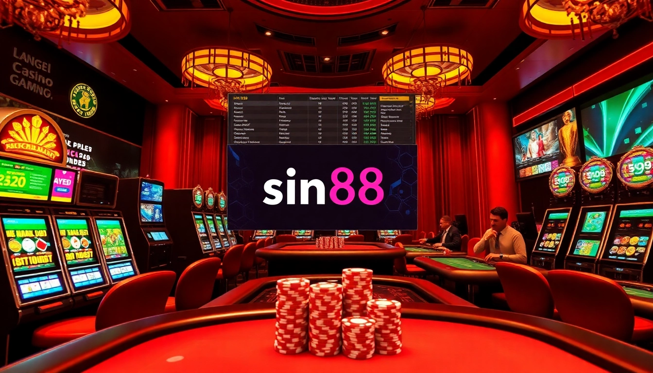 Experience the excitement of sin88 featuring vibrant casino elements like luxurious tables and slot machines.