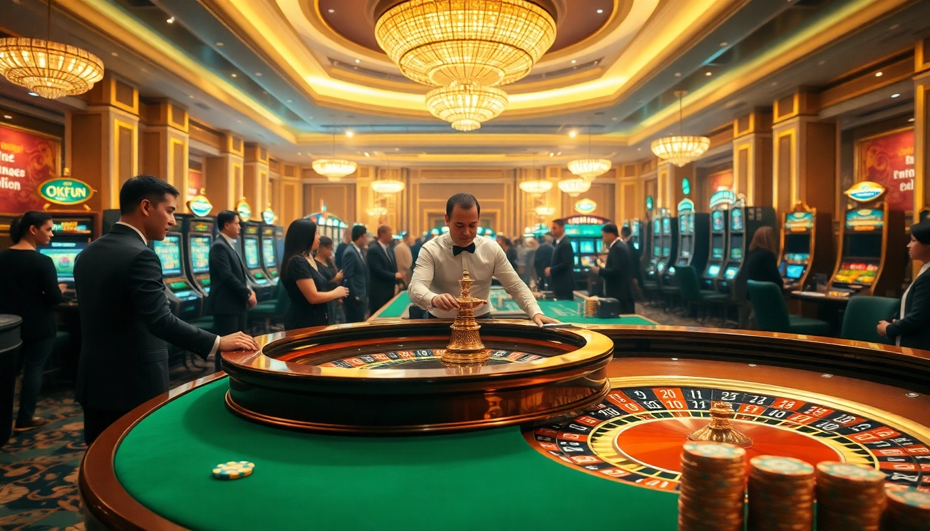 Experience high-stakes gaming at the Okfun casino with roulette and vibrant slot machines.