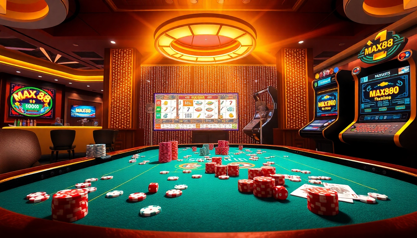 Experience the vibrant excitement of Max88 with casino tables, poker chips, and a jackpot slot machine.
