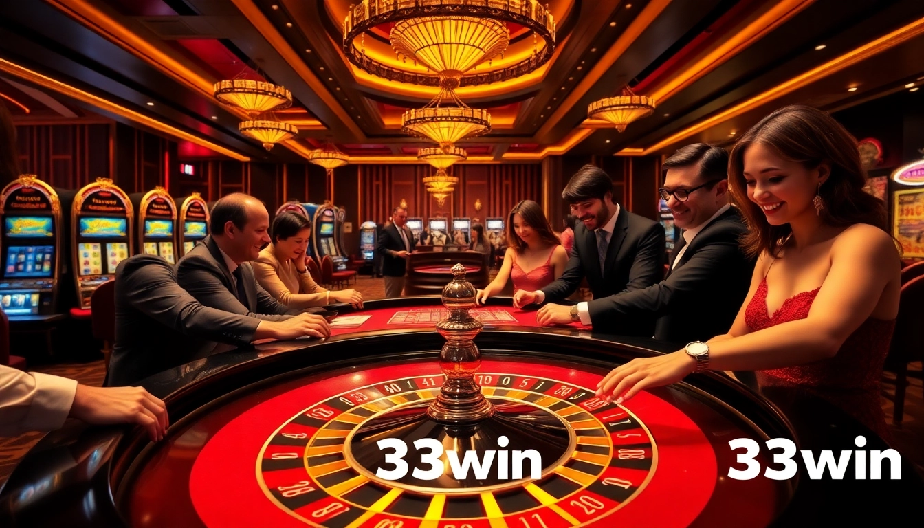 Players enjoying a thrilling roulette game at 33win casino, showcasing vibrant casino atmosphere.