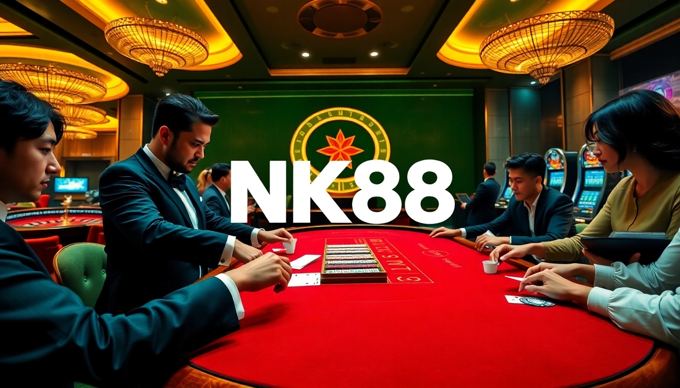 NK88 casino scene with a dealer, poker chips, and illuminated slot machines.