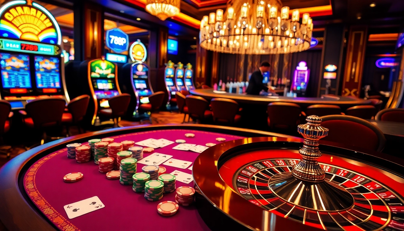 Experience the thrill of gambling at the luxurious 789P casino with vibrant tables and slot machines.