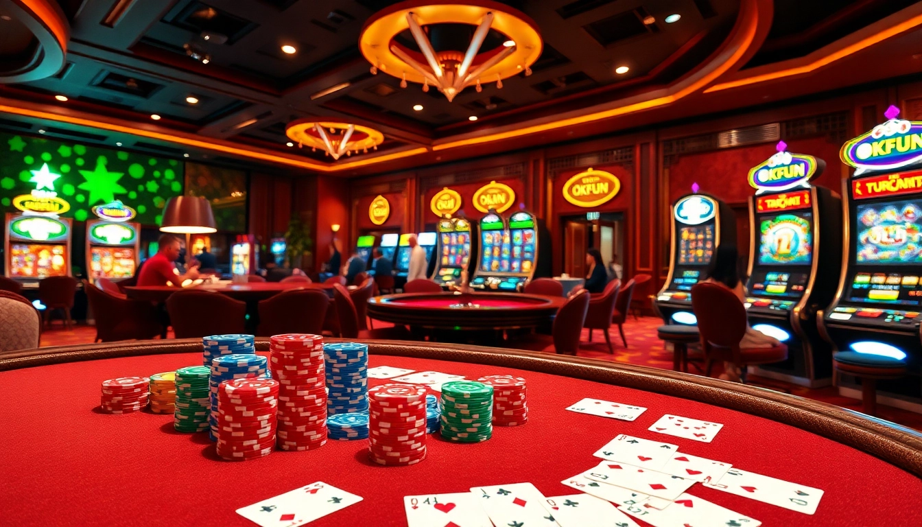 Engage with exciting games at OKFUN casino featuring vibrant casino elements like chips and slot machines.