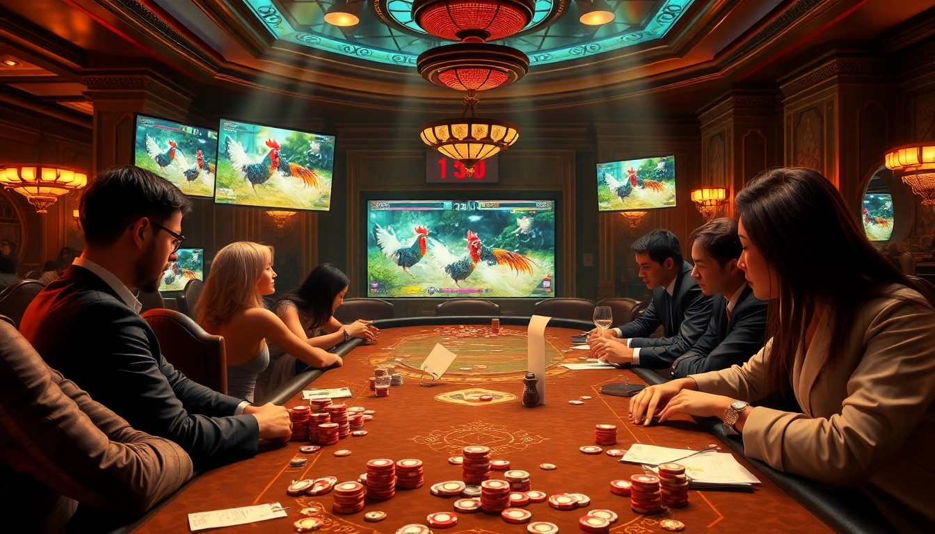 Gambling excitement with Đá gà bịp action at a luxurious casino setting featuring vibrant betting tables.