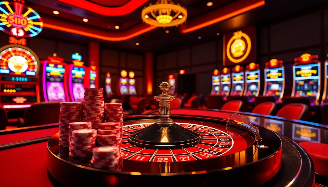 Engaging scene featuring a roulette table and poker chips representing kèo nhà cái 5 in a glamorous casino setting.