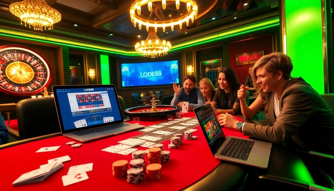 Players enjoying an exciting poker game at lode88, showcasing luxury and thrilling gambling action.