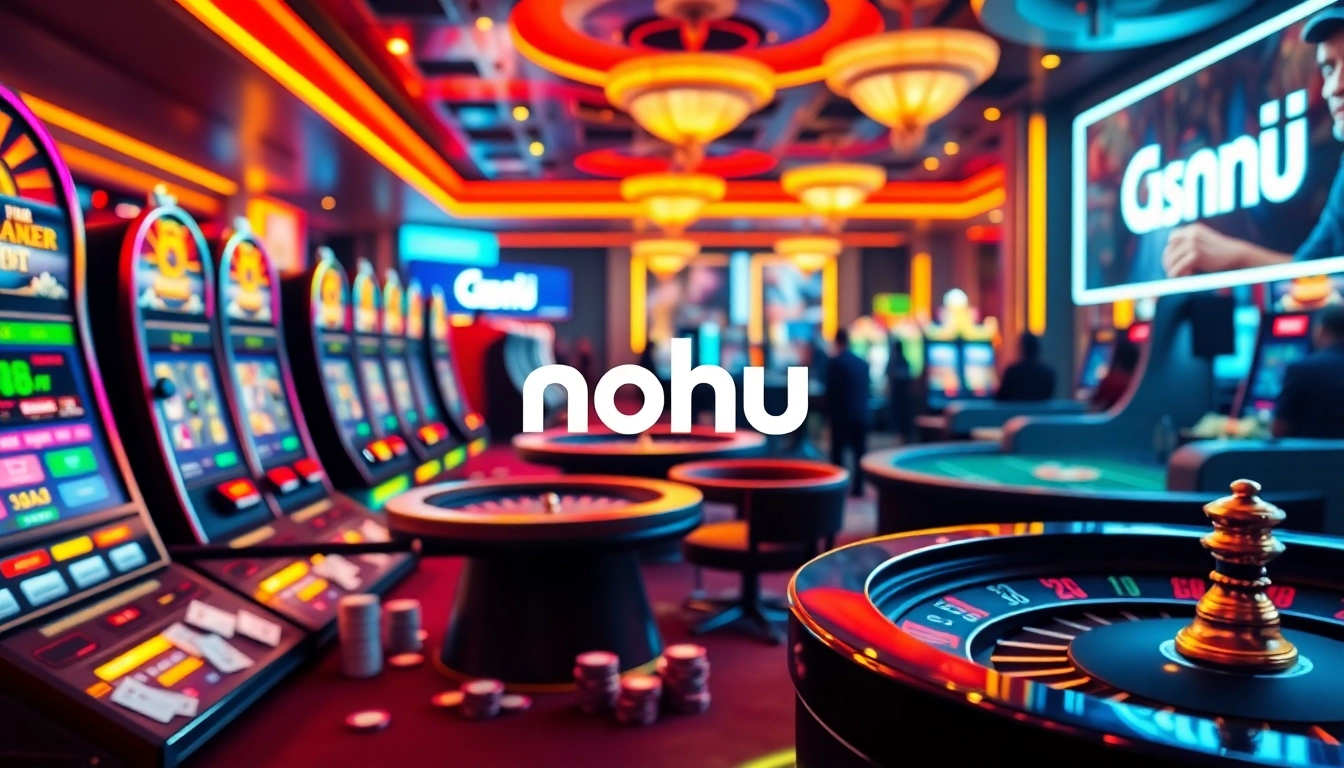 Nohu players engaging with exciting slot machines in a luxurious online casino environment.
