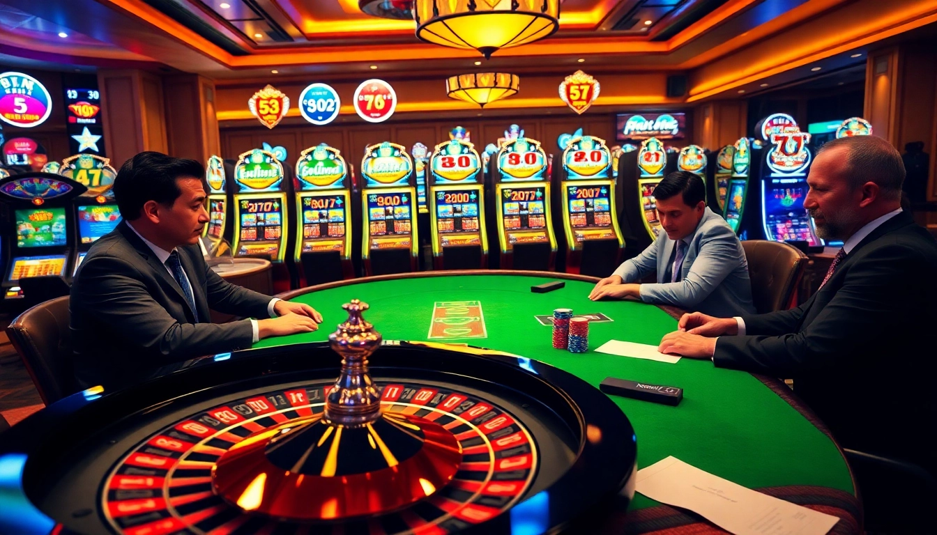Nohu90 players engaging in poker at a luxurious casino table filled with chips and excitement.