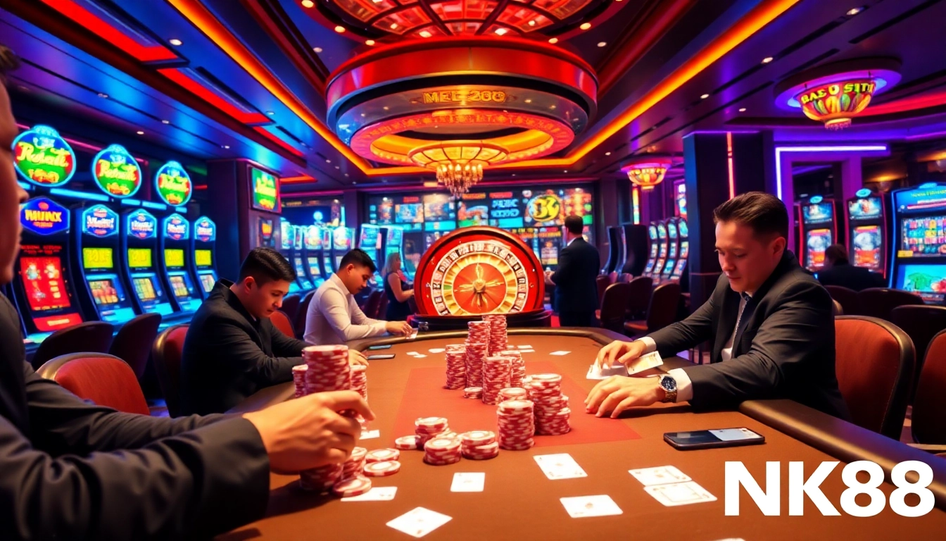 Players strategizing their next move at an NK88 poker table, surrounded by vibrant casino activities.