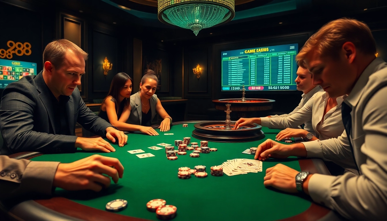 Players engaging in high-stakes poker at go88 casino table, surrounded by excitement and strategy.