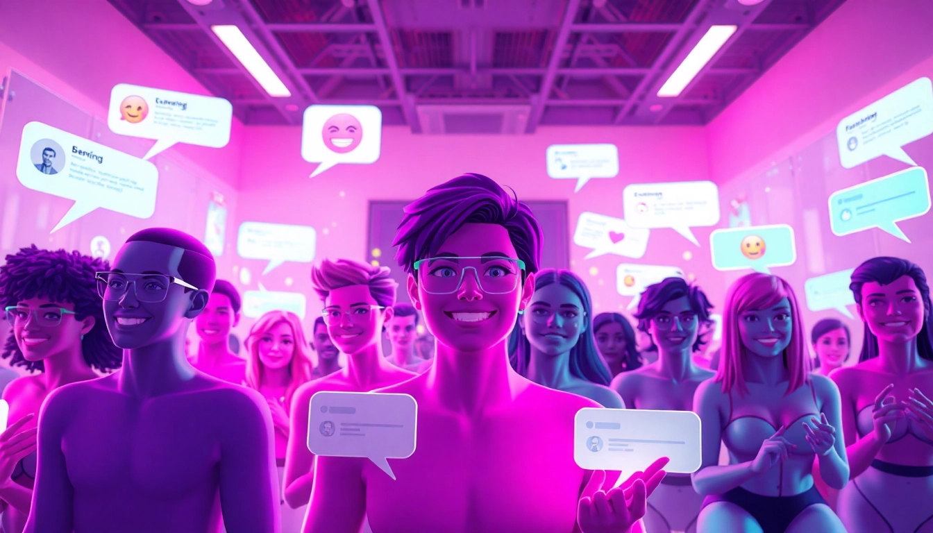 Dynamic virtual chat room with diverse AI characters interacting in a vibrant setting related to sex AI.