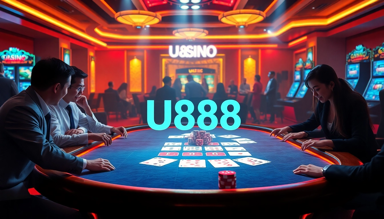 Experience the excitement of U888 with players at a vibrant online poker table.