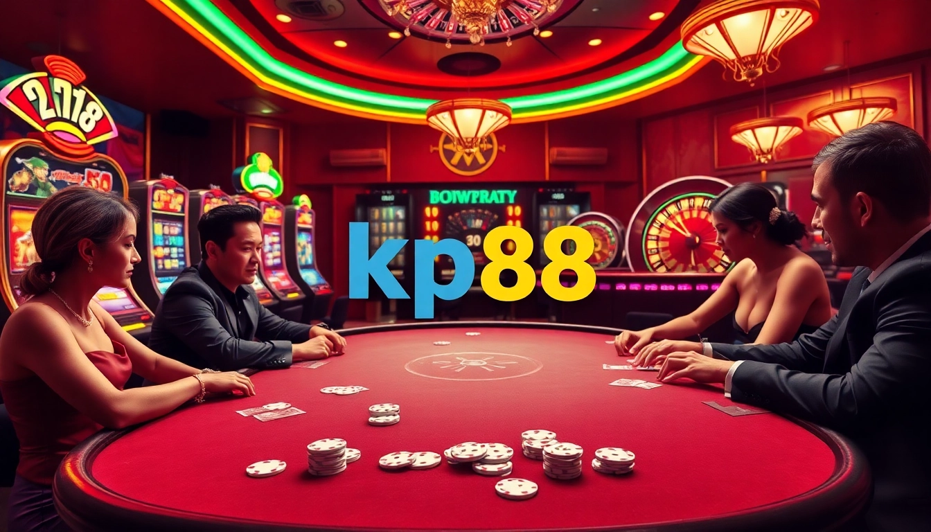 Players at a Kp88 poker table engage in an intense high-stakes game, filled with excitement.