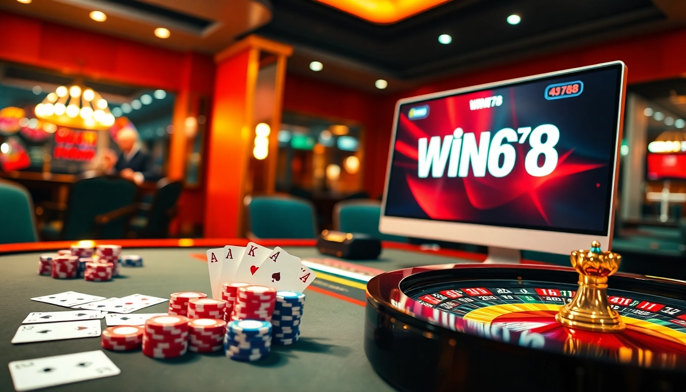 WIN678 casino table with poker chips and cards showcasing an exciting online gambling experience.