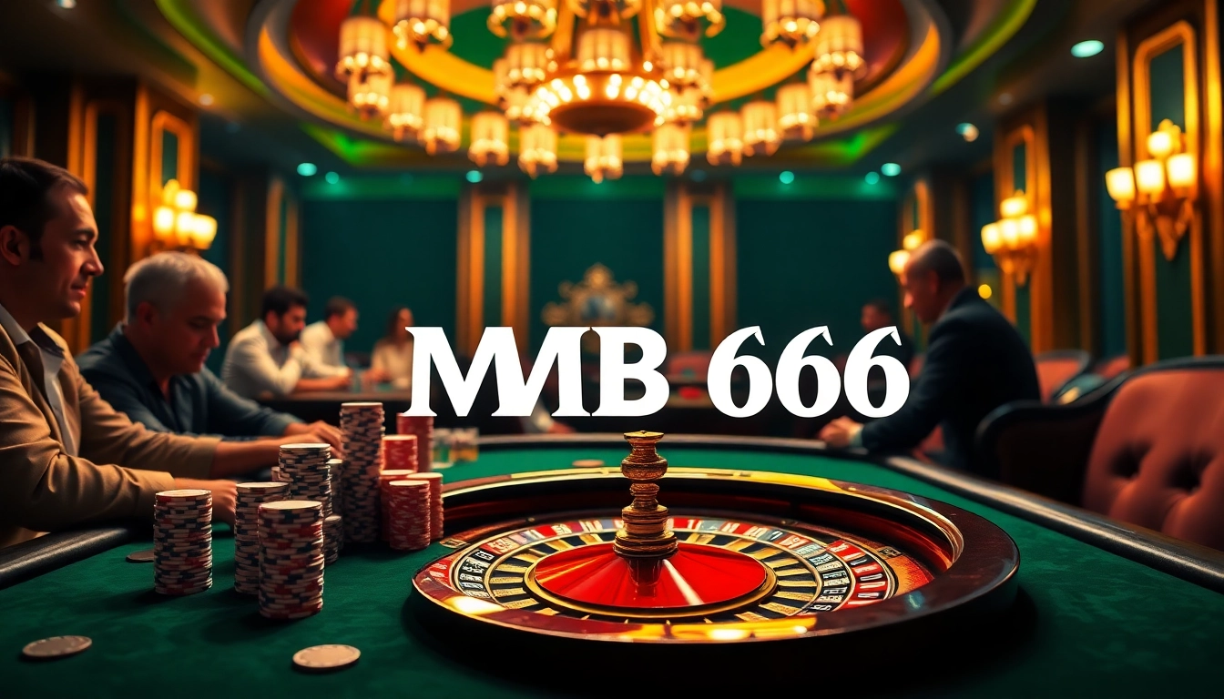 Engaging gamblers at a high-stakes MB66 poker table in a vibrant casino setting.